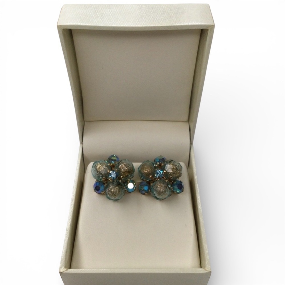 Reserved -Vintage Signed VOGUE Cluster Earrings Gold Tone, Blue & AB Rhinestones - Picture 3 of 12